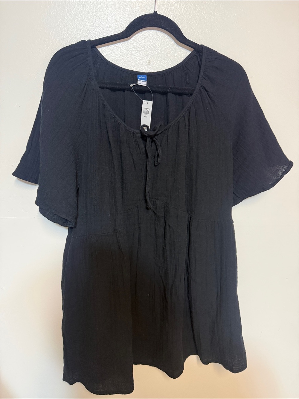 NWT Old Navy Black Women's Peasant Tunic Top/Dress with Tie Neck